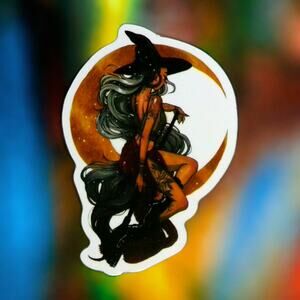 Crescent Moon Harvest Witch Broom Flying Pointy Hat Wicca Pagan Magic Sticker